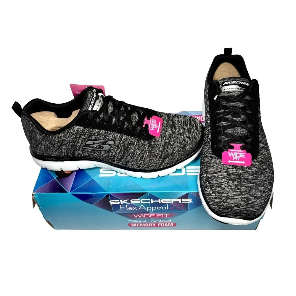 Skechers Flex Appeal 2.0 Womens 9.5 Wide Memory Foam Sneakers Black Comfort New - Picture 1 of 11